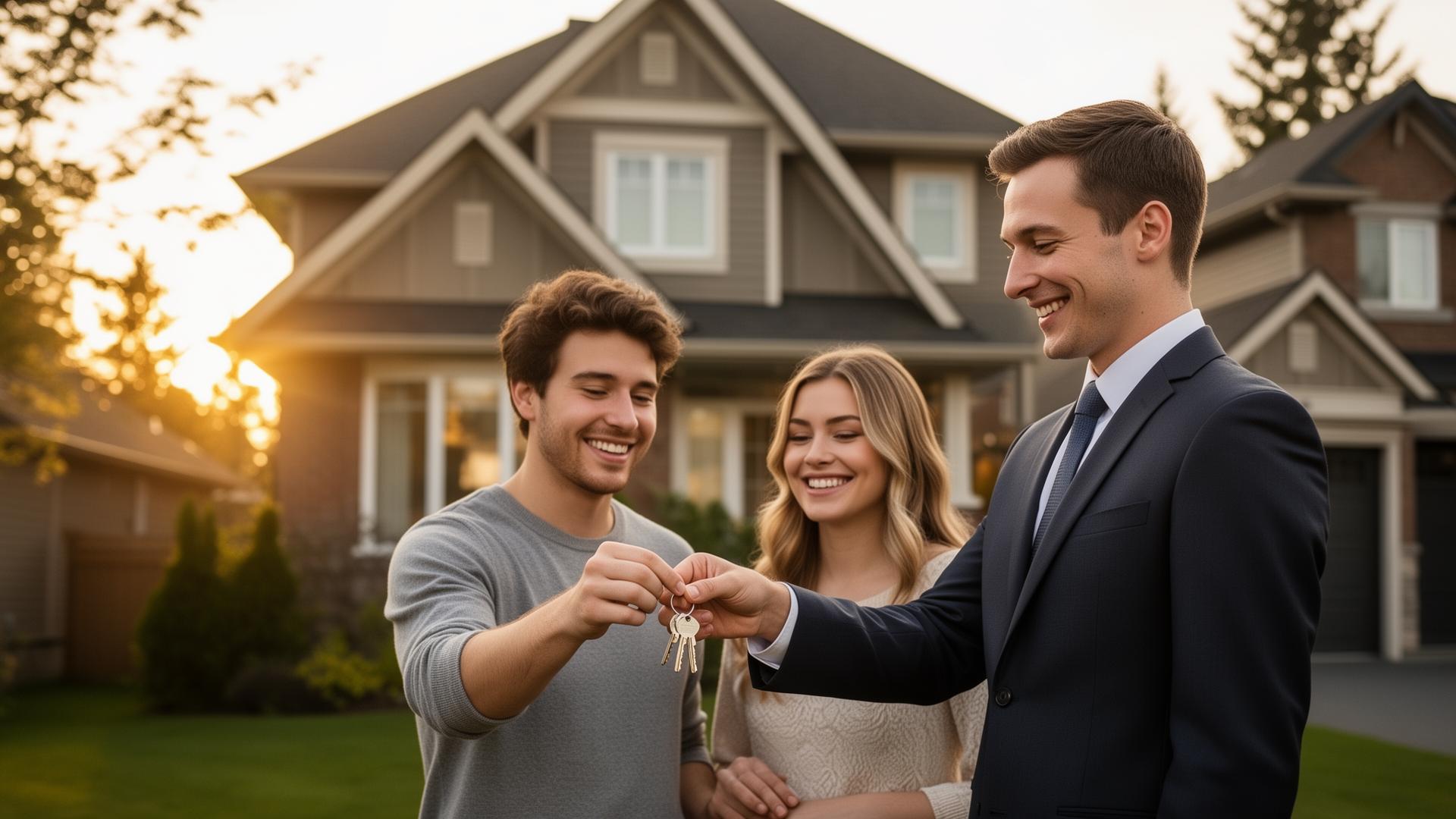 Mortgage broker handing over keys to a happy couple