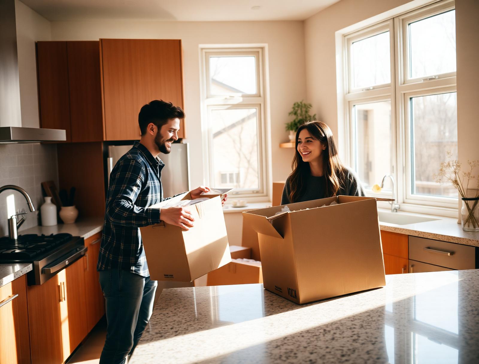 Young couple unpacking in their bright new kitchen